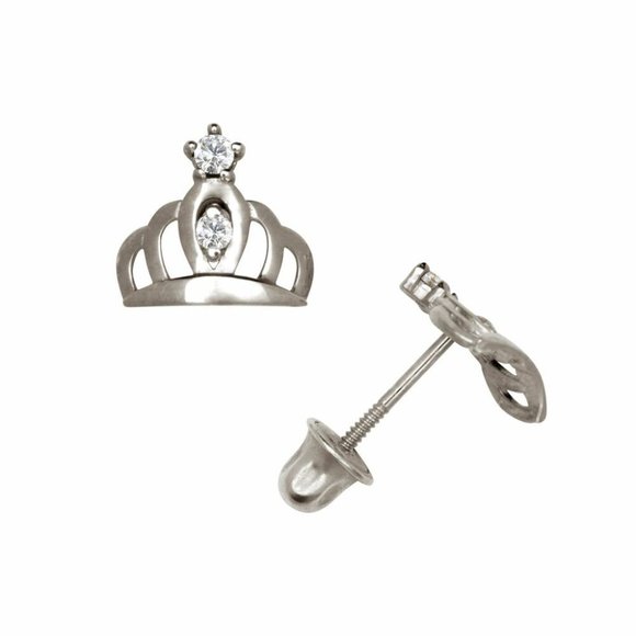 14K Solid Gold Royal Crown Screw back Stud Earrings with Sparkling White Stones - Picture 3 of 3